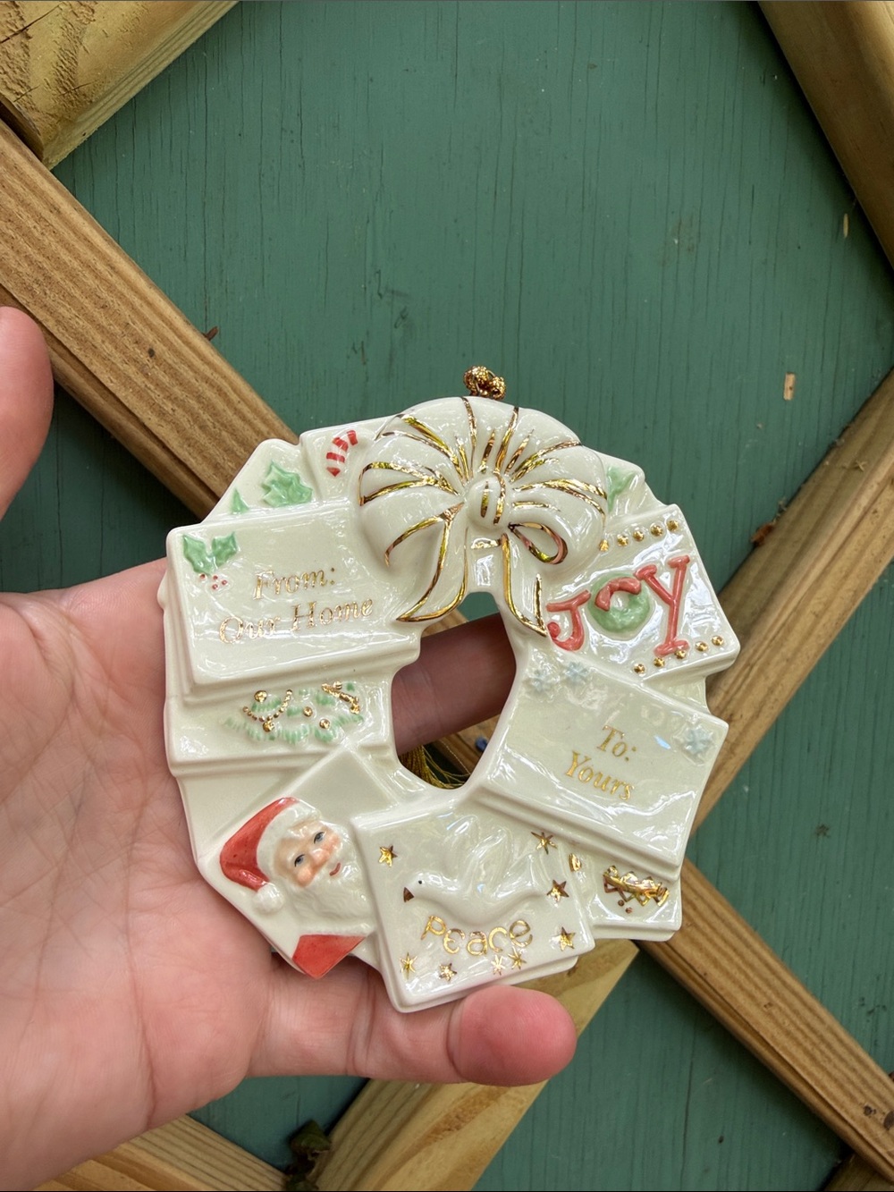 Lenox White and Gold Holiday Wreath Ornament with Santa and JOY Accents
